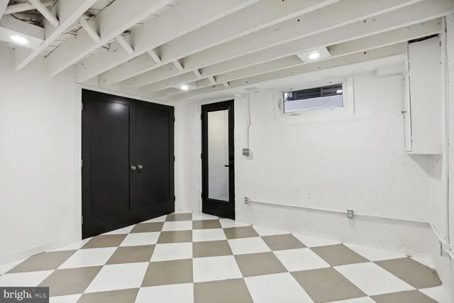 a view of a black and white checkered floor