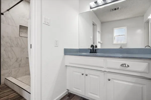 a bathroom with a granite countertop sink a mirror and shower