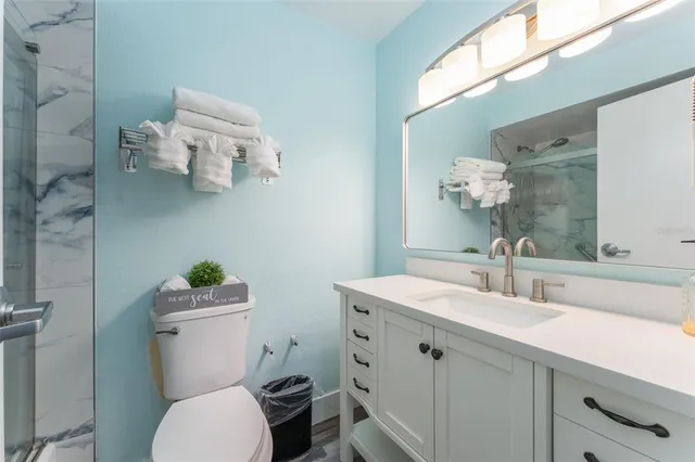 a bathroom with a shower and a toilet