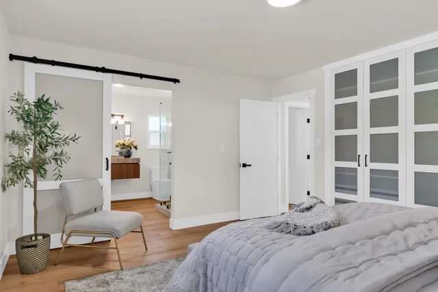 a bedroom with furniture and a potted plant