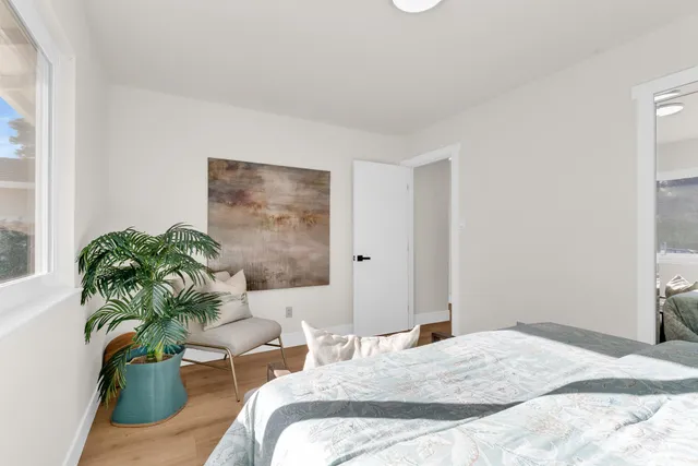 a bedroom with furniture and a potted plant