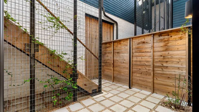 a view of balcony with wooden wall