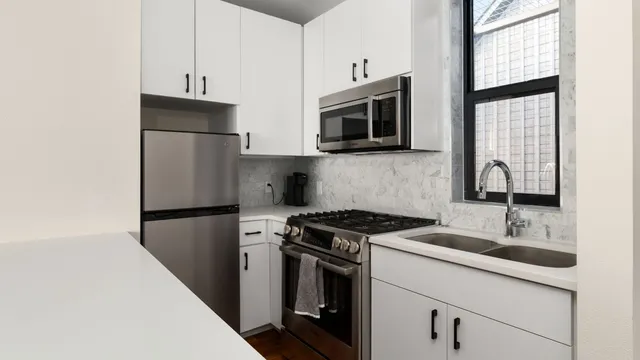 a kitchen with a sink and steel appliances