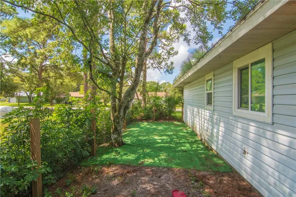 a view of a backyard with large trees