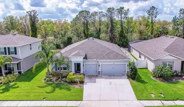 a aerial view of a house with yard and green space