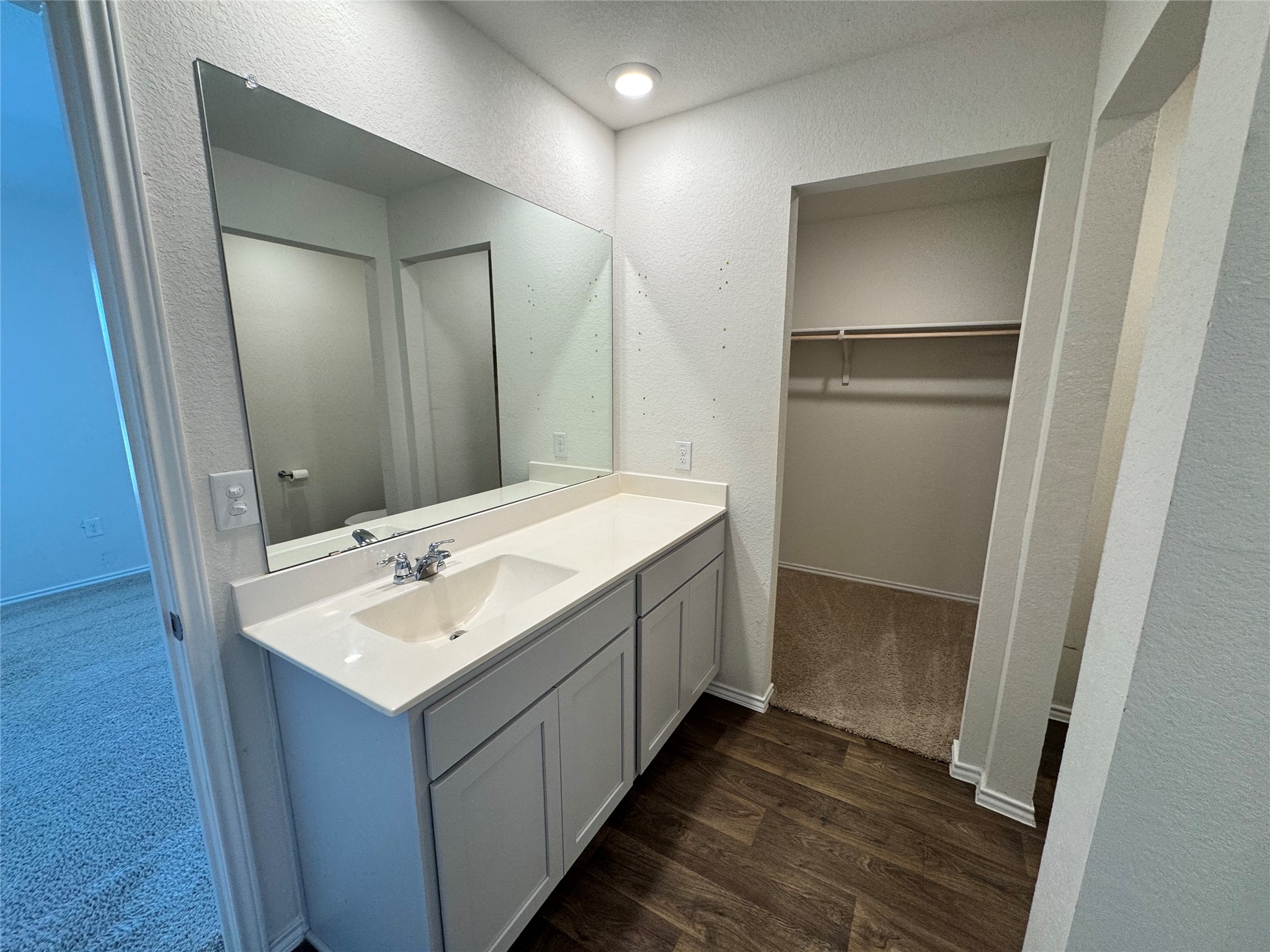 11820 Rush Lane Elgin, TX 78621 - Photo 4 of 31 A sleek vanity with ample counter space and a large mirror anchors this functional primary bathroom.
