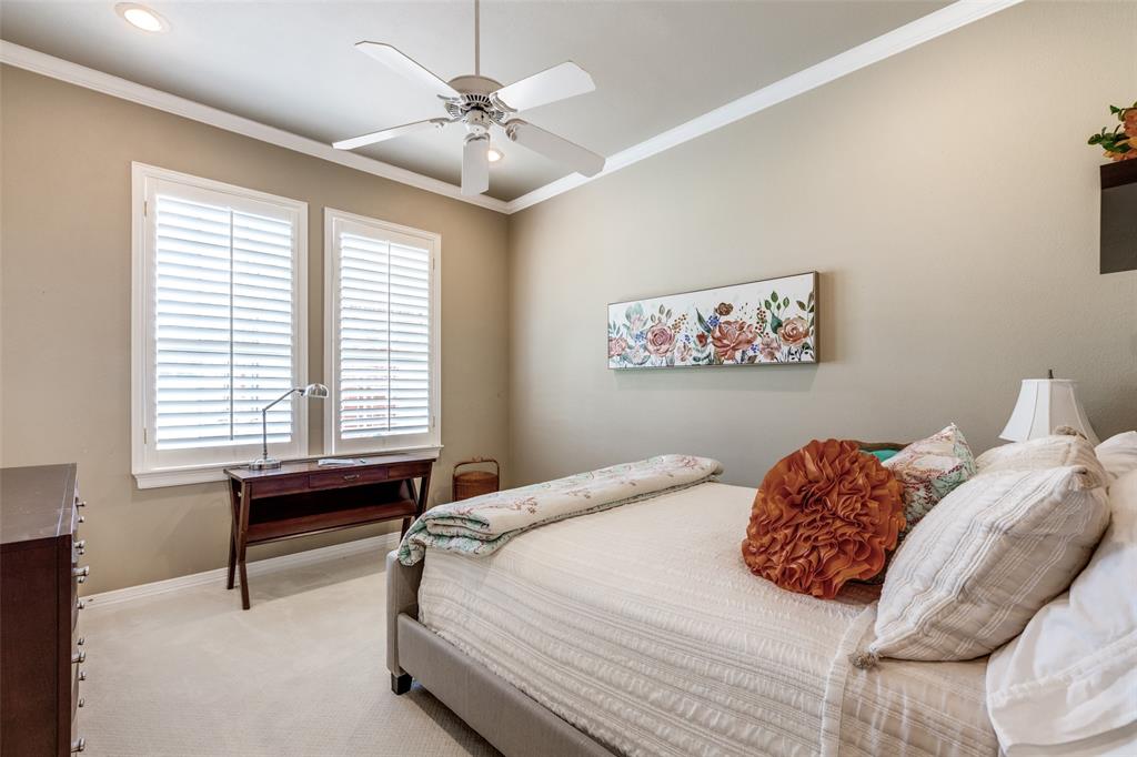 12198 Bell Road Pilot Point, TX 76258 - Photo 22 of 40 Secondary bedroom featuring carpet flooring, ornamental molding, and ceiling fan