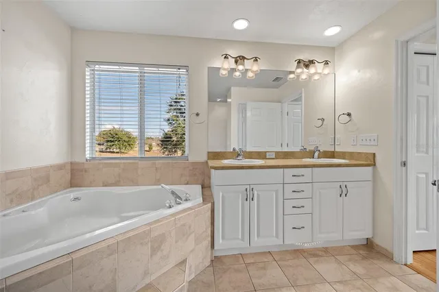 a bathroom with a tub a sink double vanity and a mirror