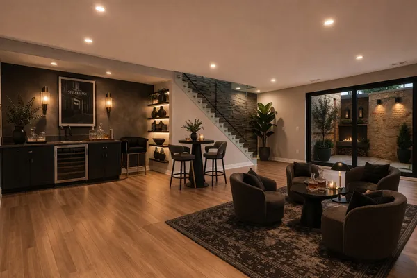 a living room with furniture kitchen view and a large window