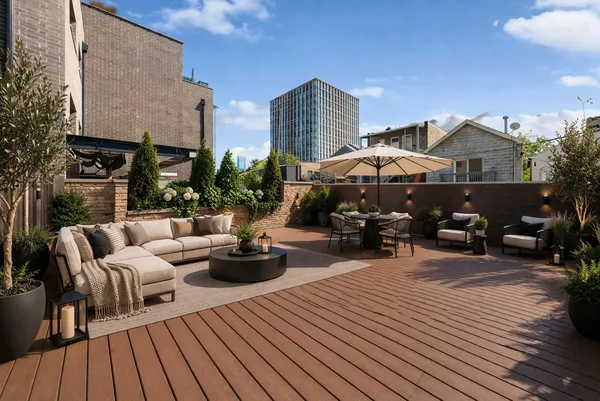 a view of a roof deck with table and chairs under an umbrella with wooden floor
