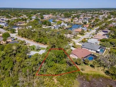 an aerial view of residential houses with outdoor space and trees