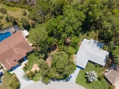 an aerial view of residential houses with outdoor space and trees
