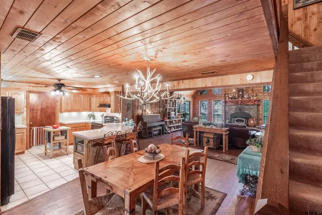 a view of a dining room with furniture window and outside view
