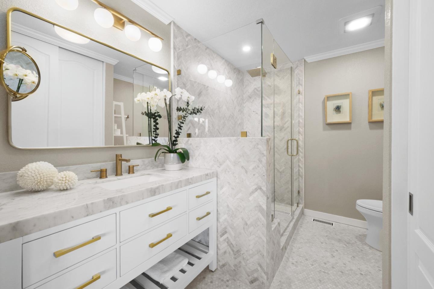 415 Roberts Road Pacifica, CA 94044 - Photo 44 of 69 a bathroom with a double vanity sink mirror and shower