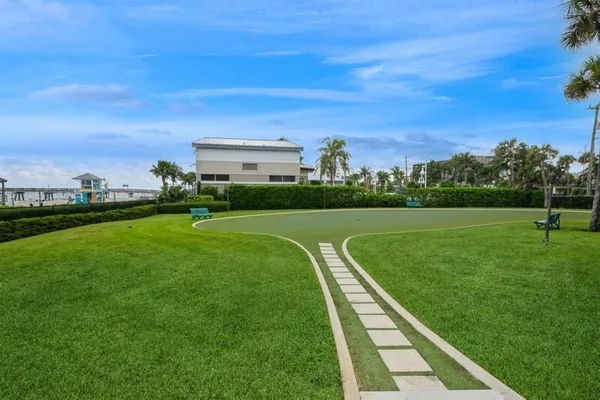 a view of a stadium that has a big yard