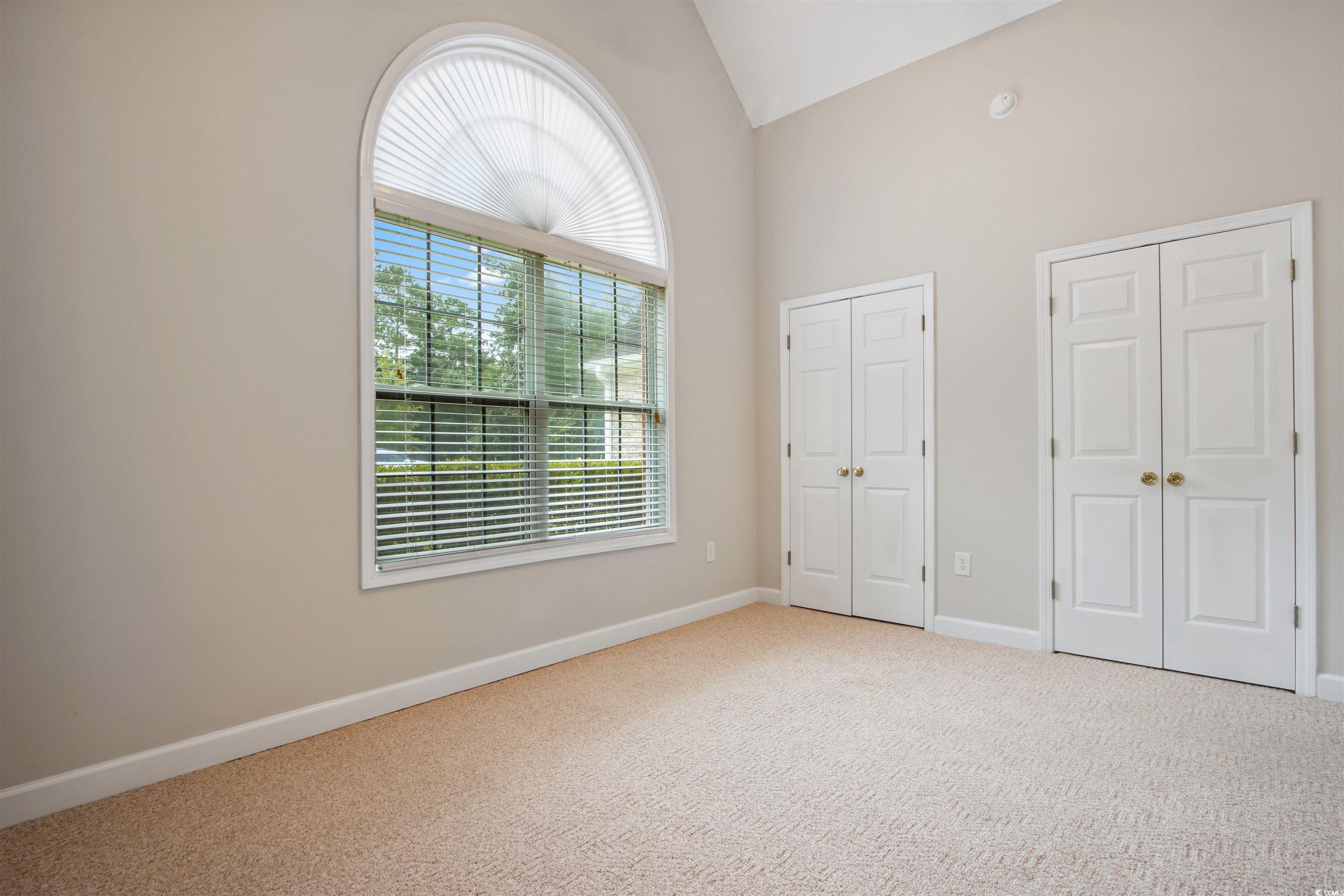 Undisclosed Address Conway, SC 29526 - Photo 19 of 26 Unfurnished bedroom featuring two closets, carpet floors, and high vaulted ceiling