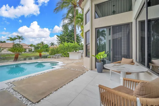 a view of a swimming pool with a patio
