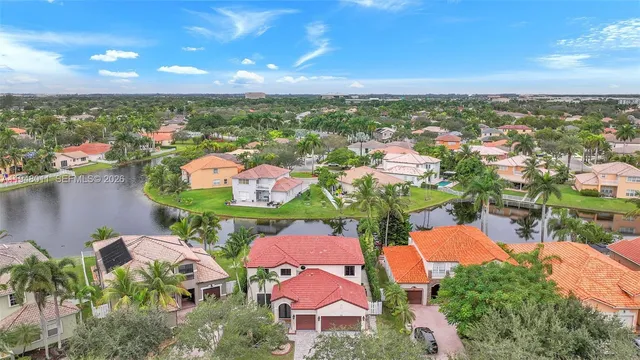 an aerial view of lake and city