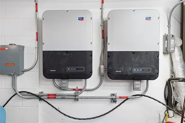 a room with table and mirror