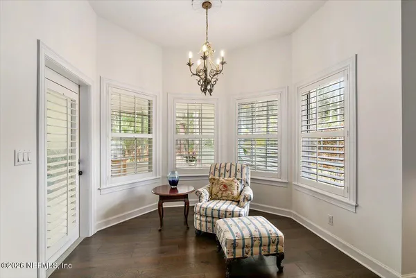 a view of a yard with plants and trees