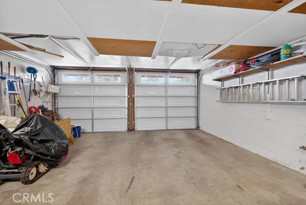 a view of a garage with storage