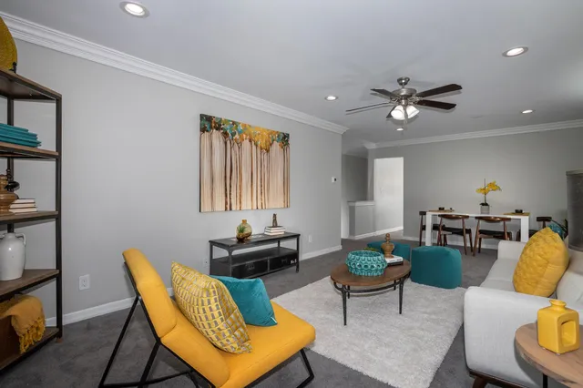a living room with furniture a rug and a window