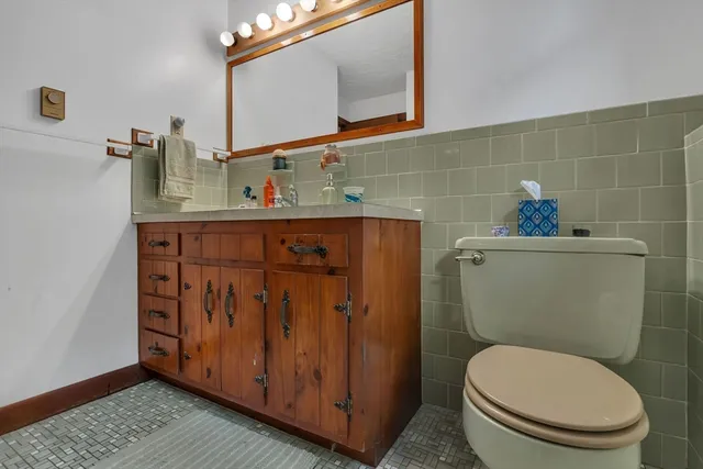 a bathroom with a toilet a sink and mirror