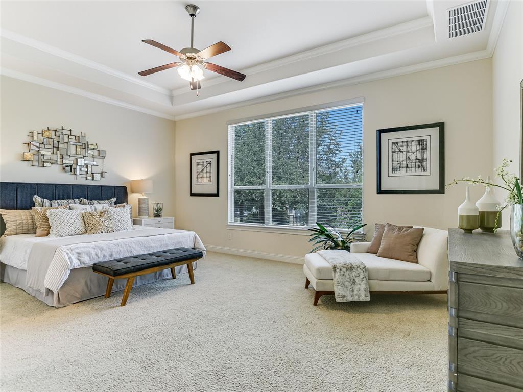 2657 Montebelluna Place Leander, TX 78641 - Photo 13 of 29 Carpeted bedroom with crown molding, a raised ceiling, and a ceiling fan