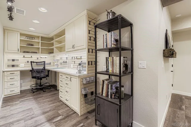 a garden view with a seating space