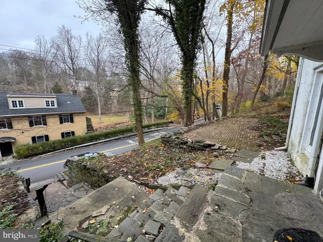 a view of a town with large trees