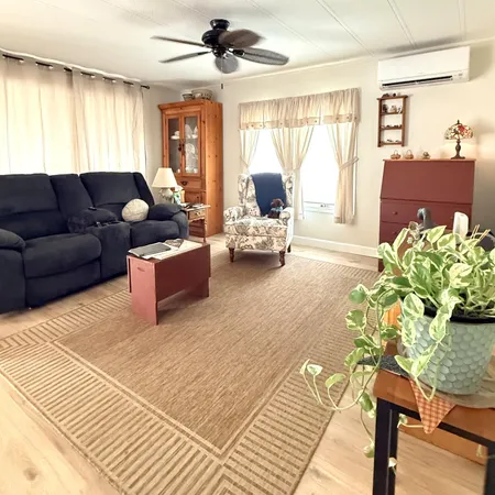 a living room with furniture and a potted plant