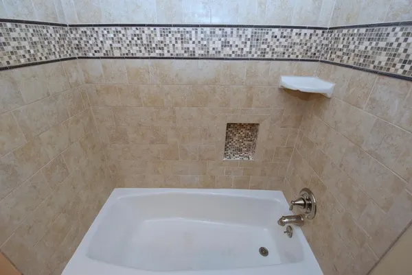 a bathroom with a bathtub