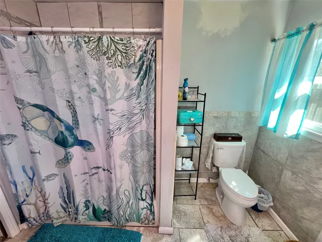 a white toilet sitting next to a shower curtain