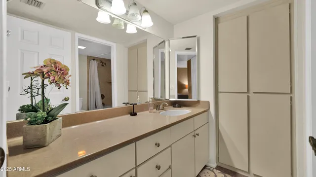 a bathroom with a sink a vanity and a mirror