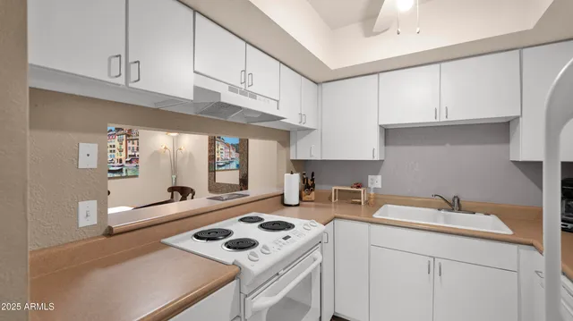 a kitchen with a sink a stove and cabinets