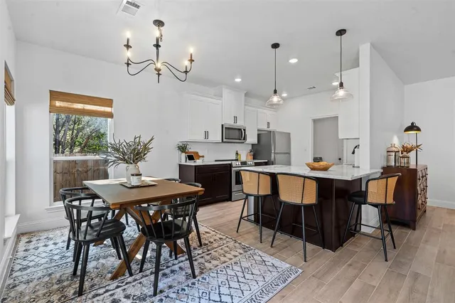 a view of a dining room with furniture and wooden floor