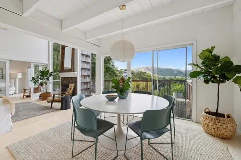 a dining room with furniture potted plants and wooden floor