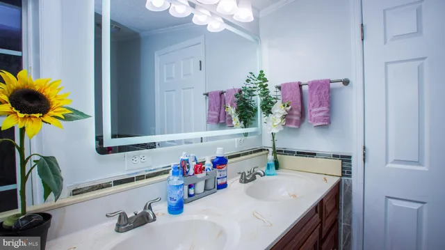 a bathroom with a sink vanity and a mirror