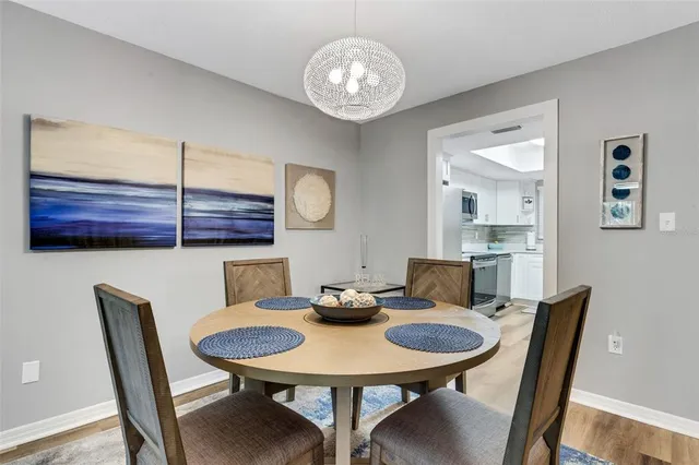 a view of a dining room with furniture