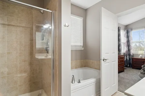 a bathroom with a bathtub and a shower