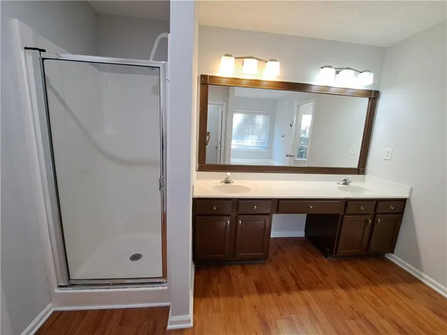 a bathroom with a sink vanity and a mirror