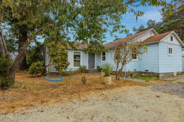a view of a house with a yard and large tree