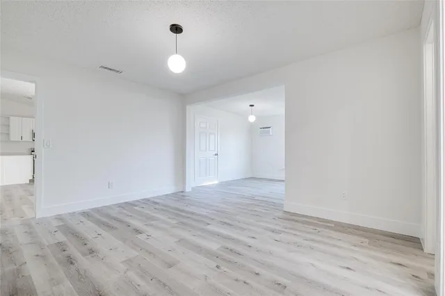 a backyard of a house with plants and large tree