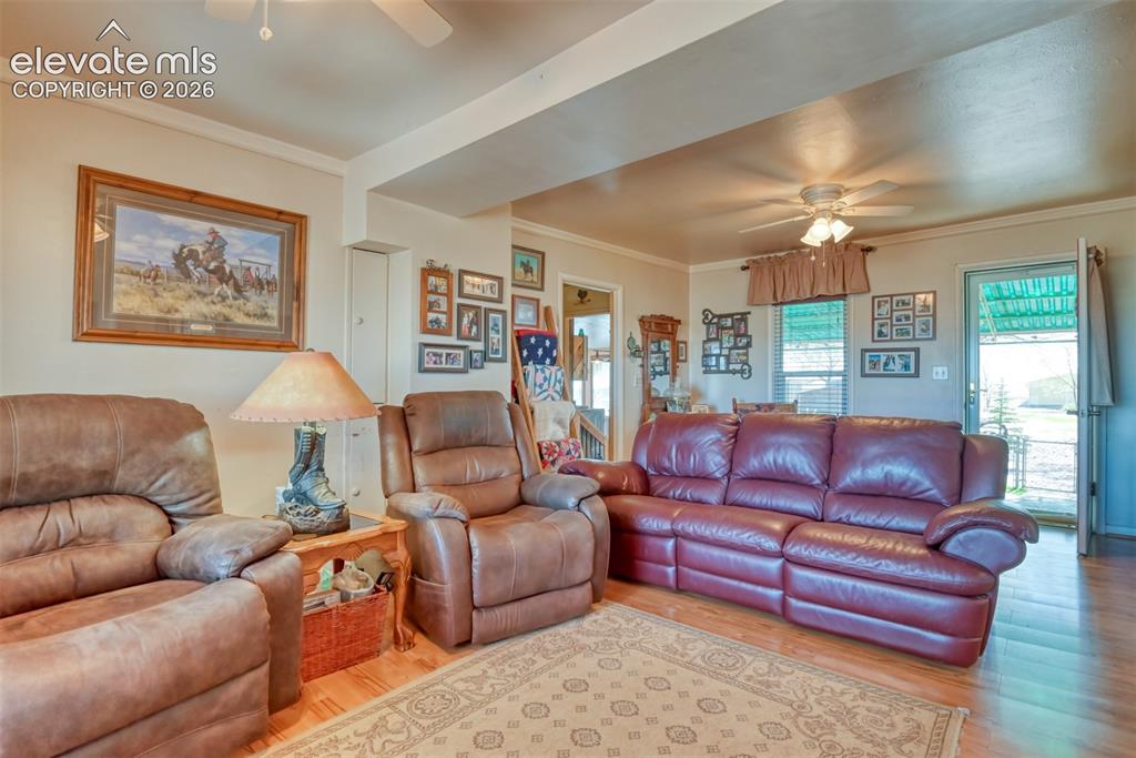 22558 Enoch Road Calhan, CO 80808 - Photo 30 of 50 a living room with furniture ceiling fan and a rug