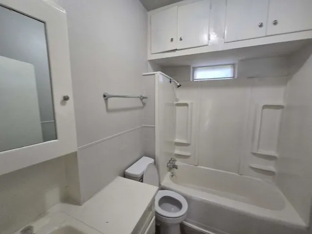 a bathroom with a toilet and bathtub