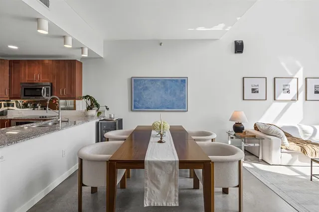 a view of a dining room with furniture
