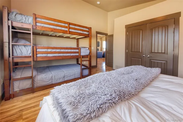 a bedroom with a bed and a walk in closet