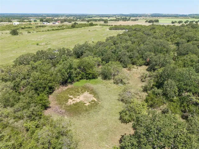 a view of a field with trees in the background