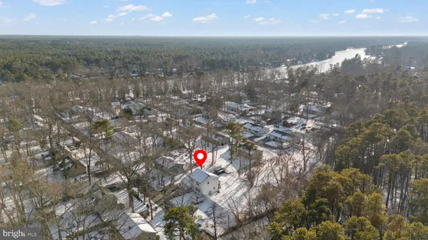 a backyard of a building with large trees