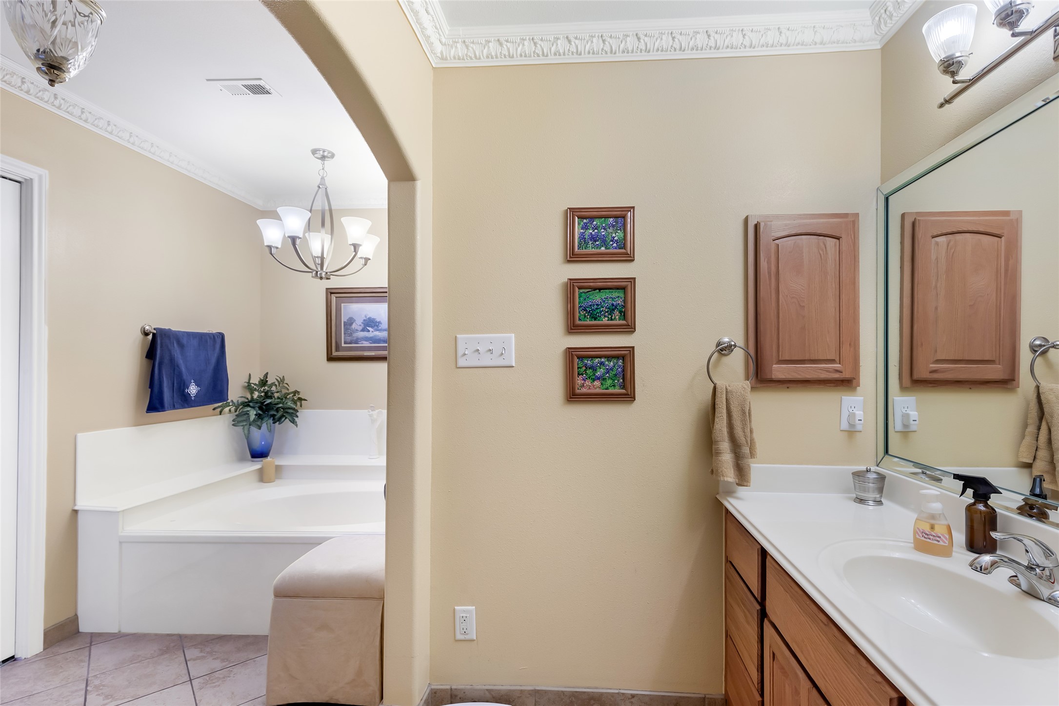14510 Foxford Way Houston, TX 77015 - Photo 21 of 37 a bathroom with a sink a large mirror and a bathtub